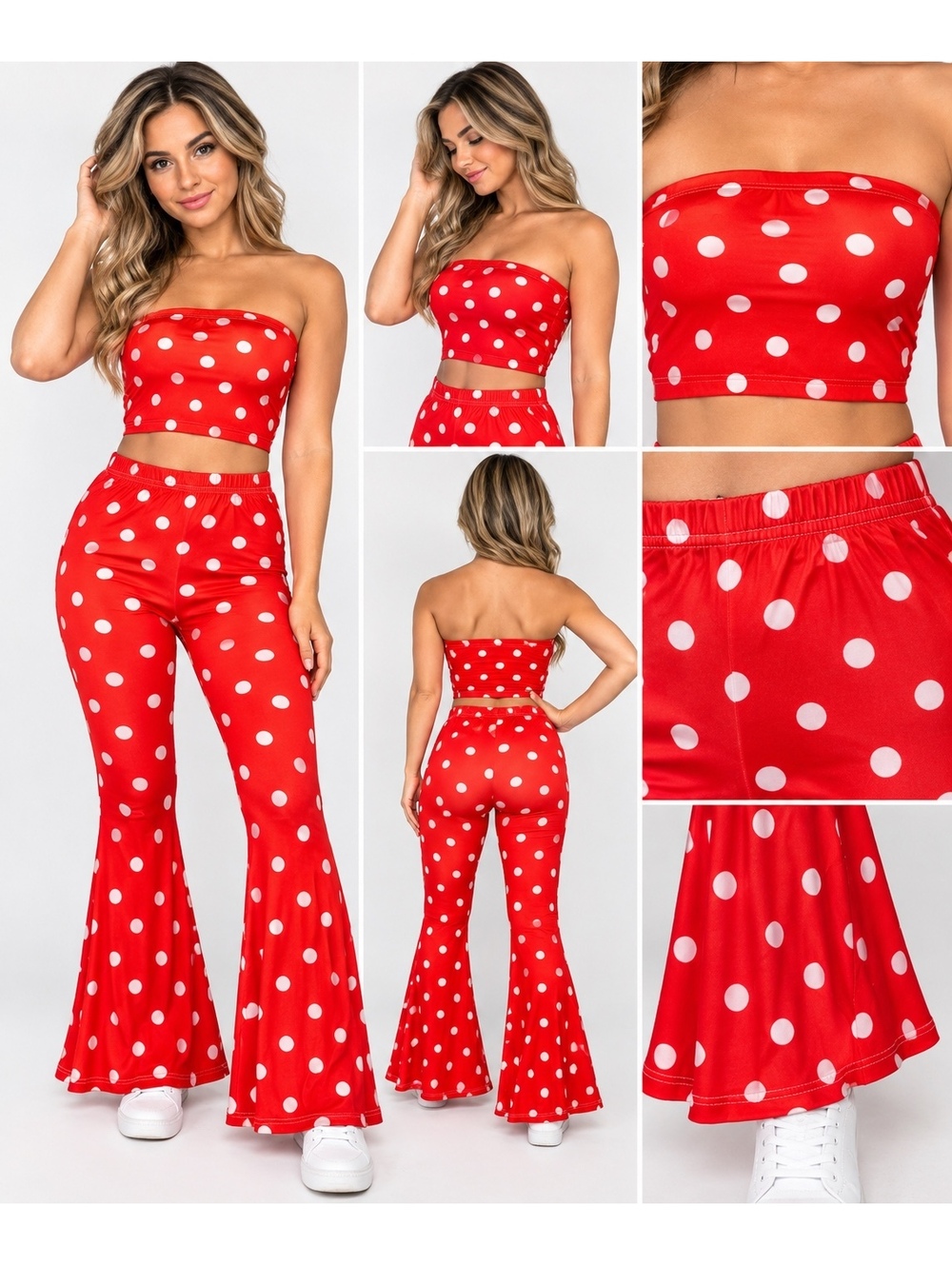 Red White Polka Dot Tube Top and Flare Pants Set